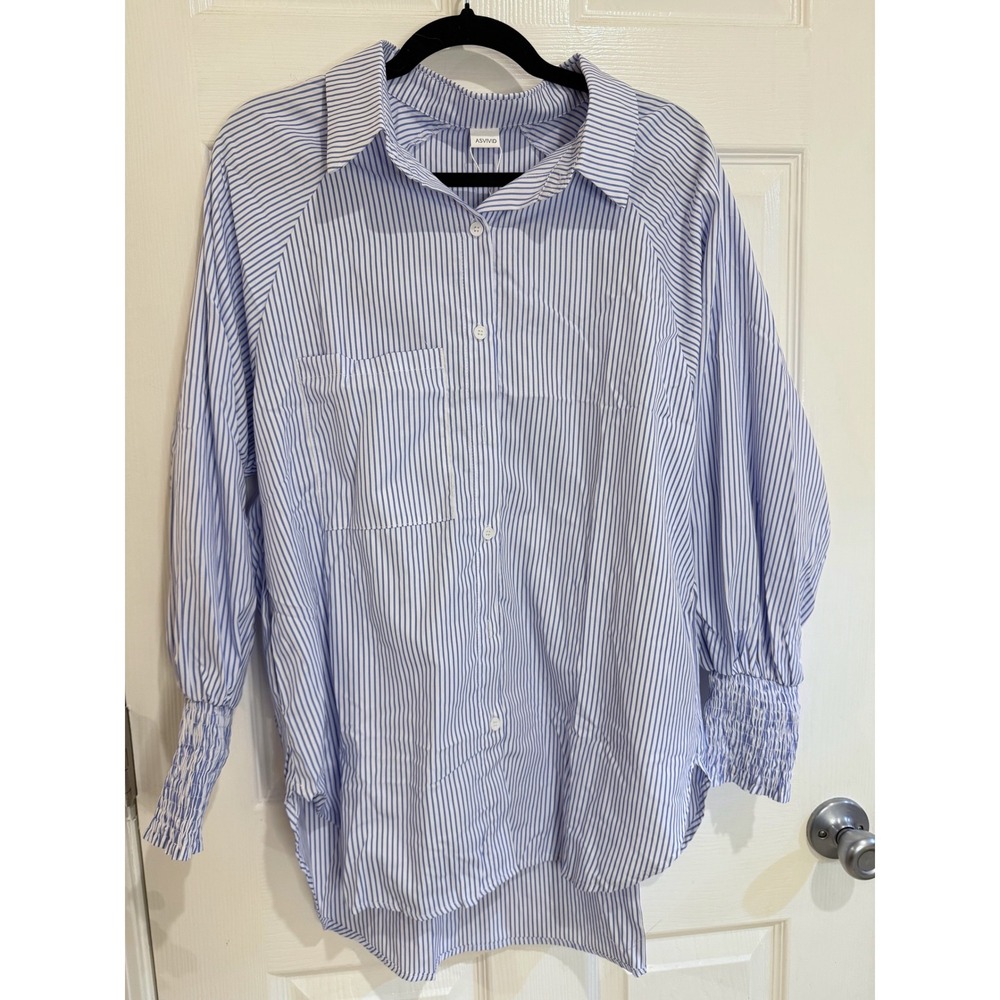 ASVIVID Striped Oversized Shirt Smocked Cuffs Button Down‎ Top Large